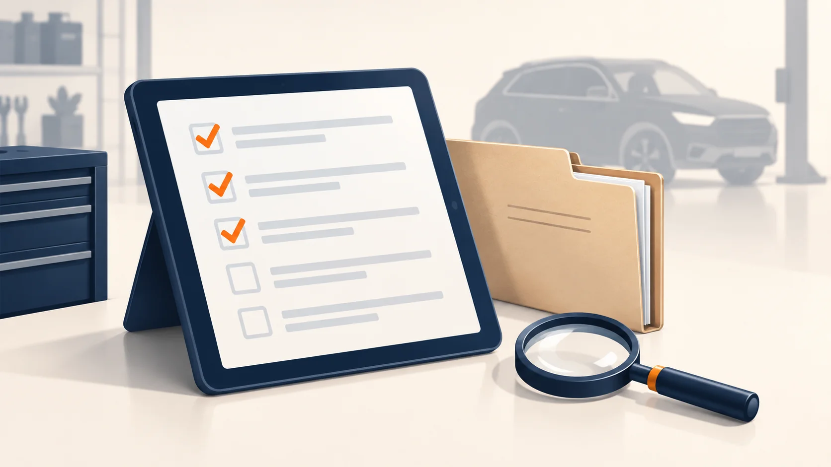 Concept illustration of a diagnostic checklist beside a case folder in a repair shop
