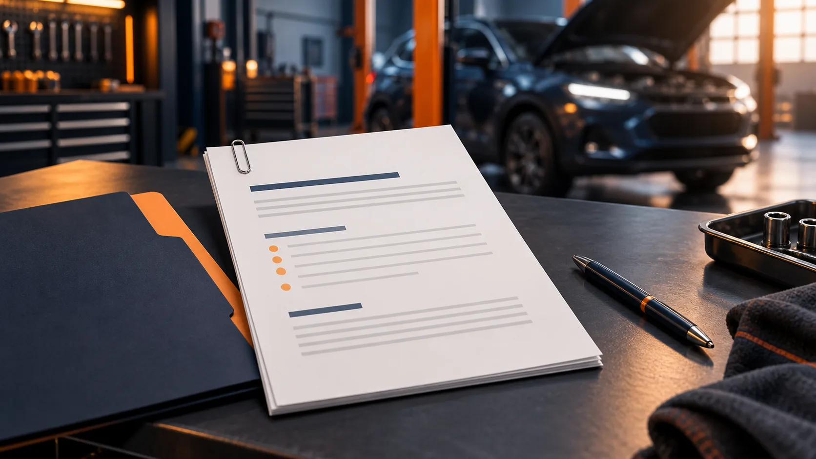 Concept illustration of a diagnostic report, evidence folder and pen