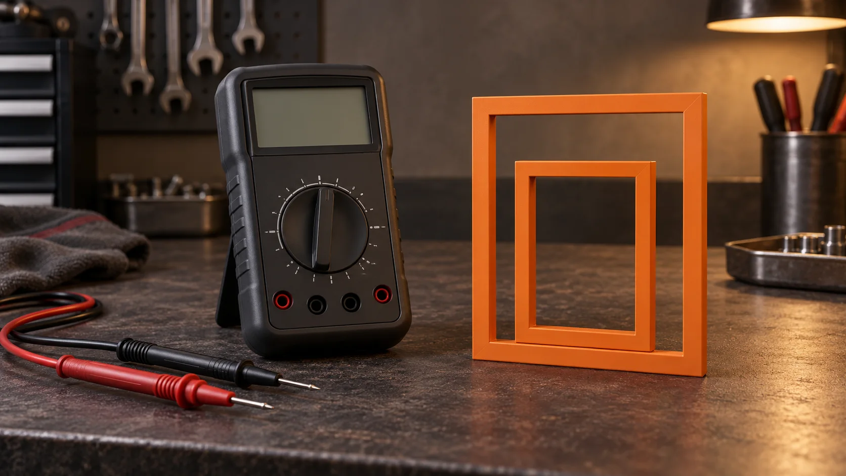 Blank unbranded multimeter and disconnected probes beside two nested orange frames.