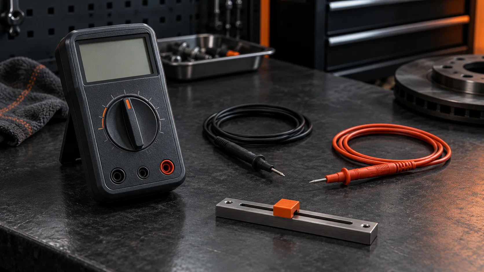 Blank unbranded multimeter beside disconnected leads and an orange slider on a metal rail.