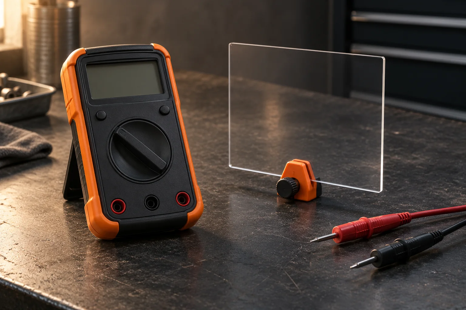 Blank unbranded multimeter beside a translucent card in an orange clamp and disconnected probes.
