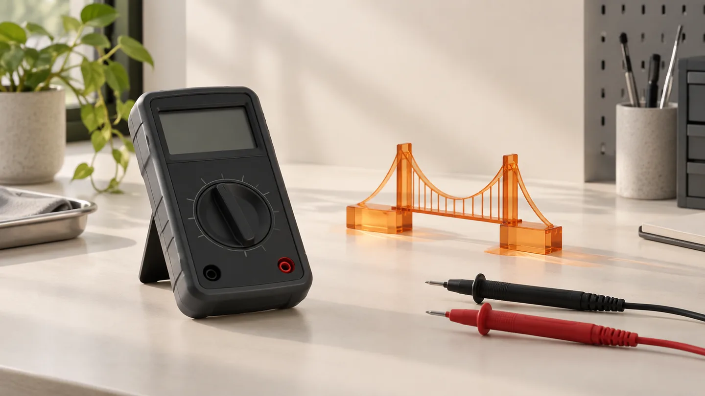 Blank multimeter and disconnected probes beside an orange bridge sculpture