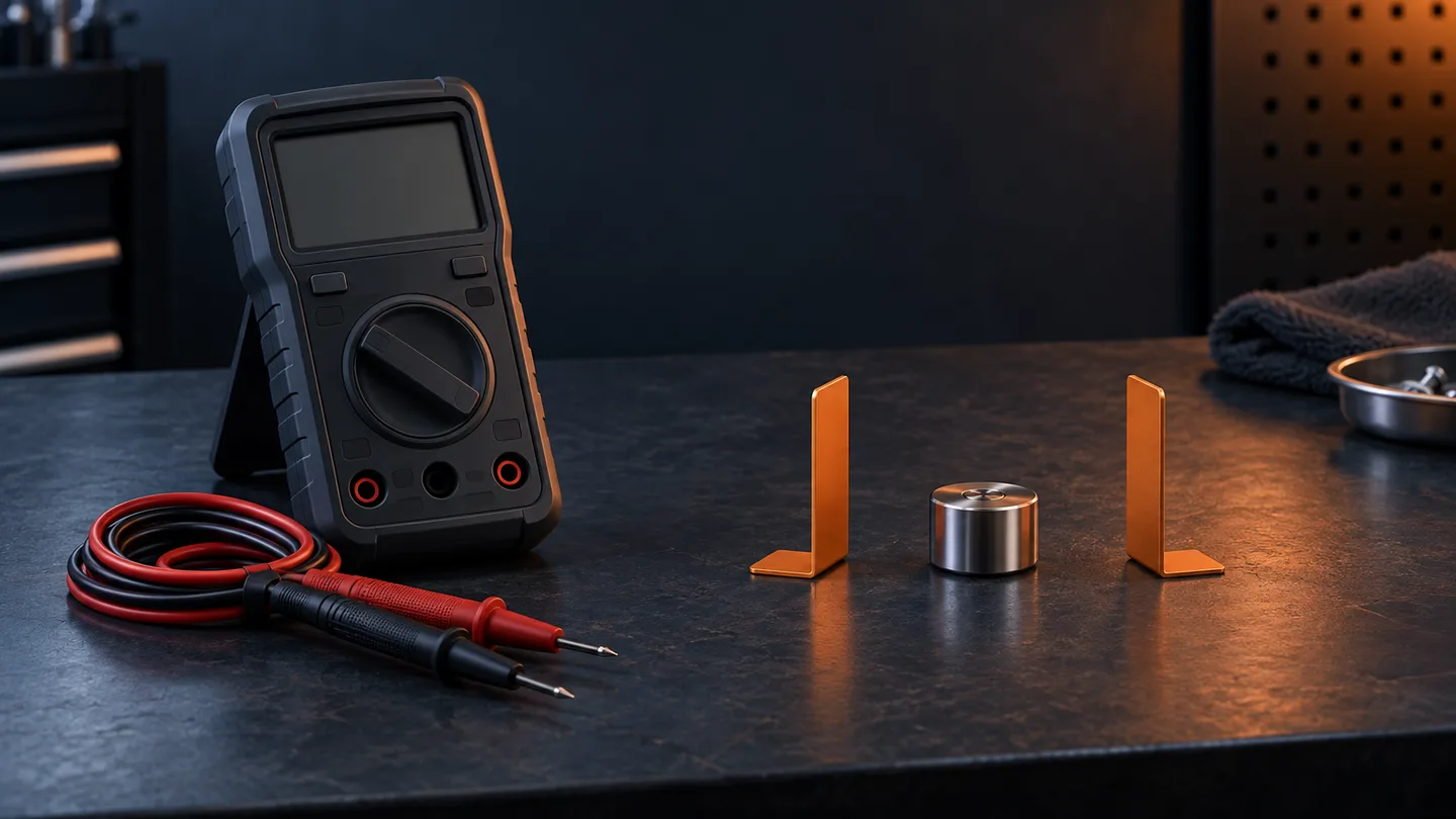 Concept illustration of an unbranded multimeter beside two orange markers framing a small metal object.