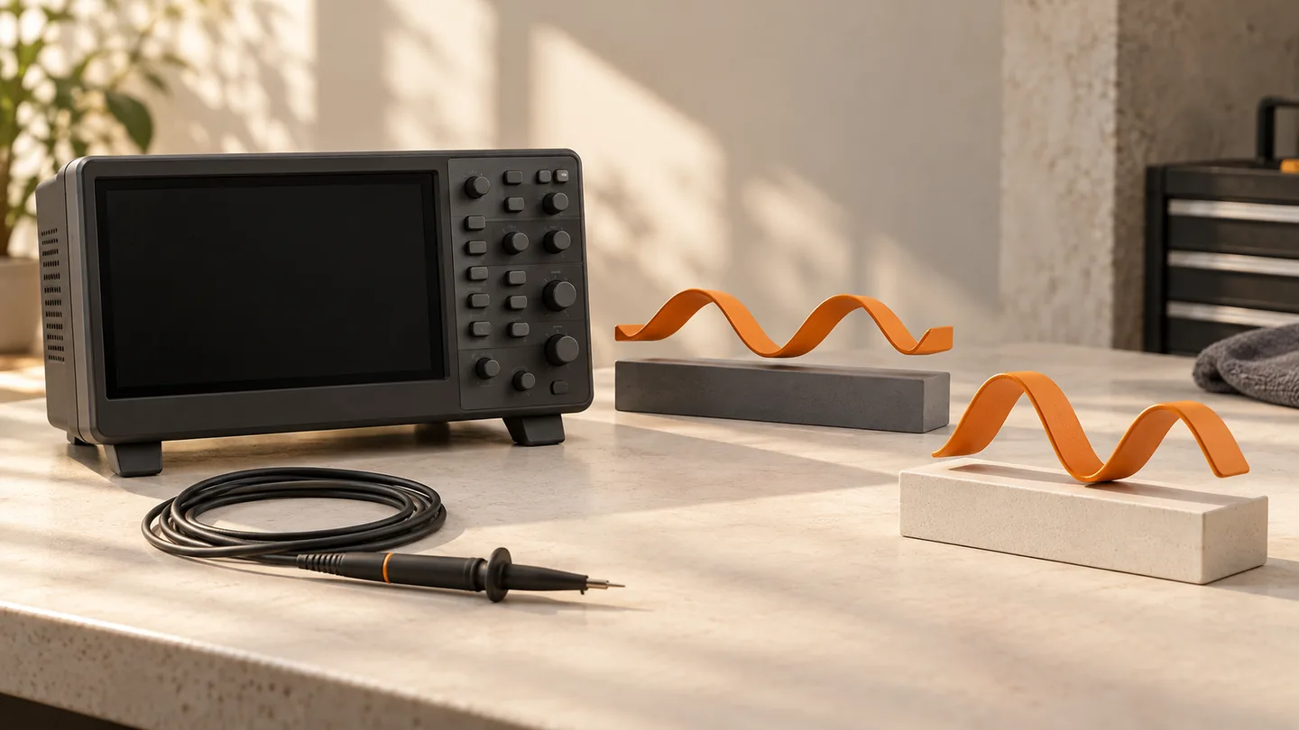 Blank oscilloscope beside orange ribbon sculptures on gray and ivory supports