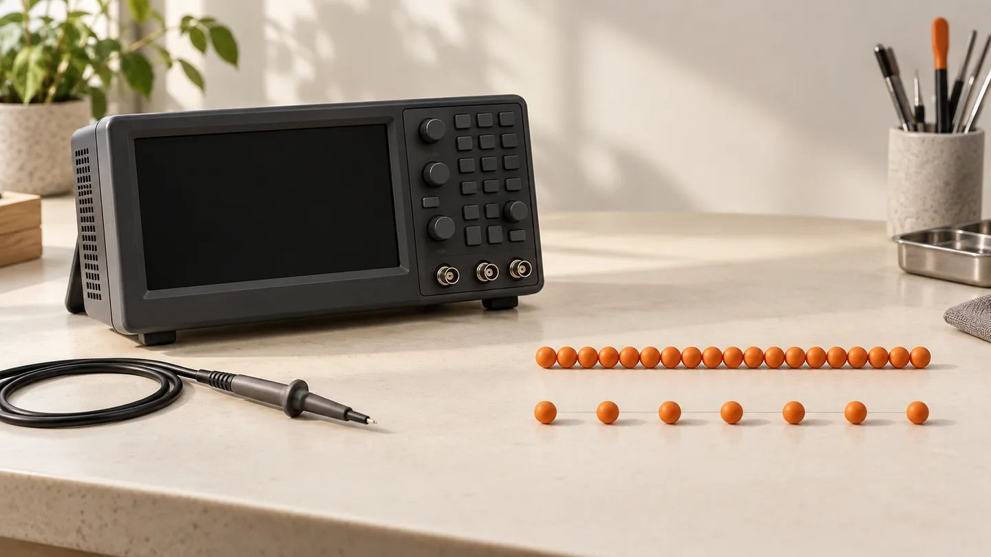 Blank oscilloscope beside dense and sparse rows of orange beads
