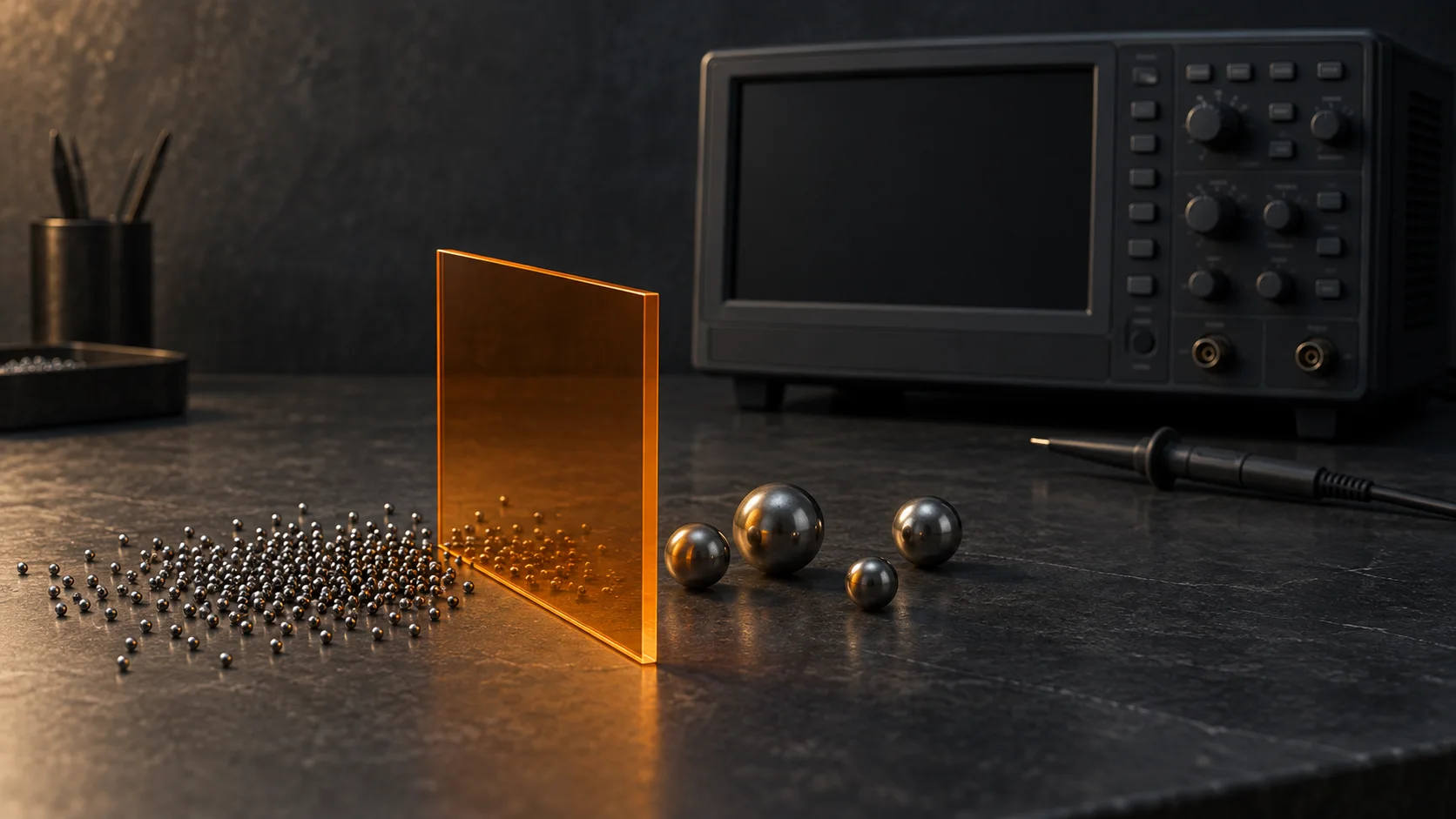 Blank unbranded oscilloscope beside an orange translucent panel and metal spheres of different sizes.