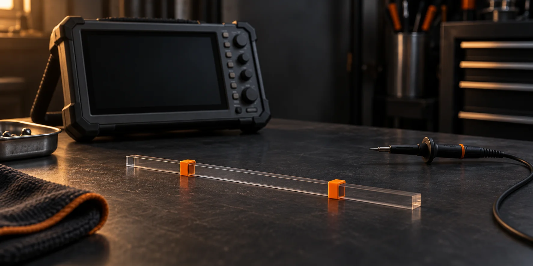Blank unbranded oscilloscope beside two orange markers on a translucent strip and a disconnected probe.