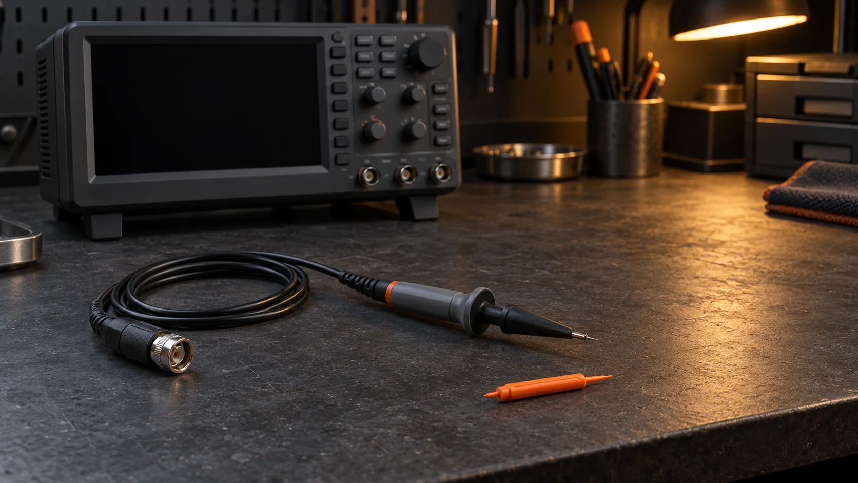 Blank unbranded oscilloscope beside a disconnected passive probe and orange adjustment tool.