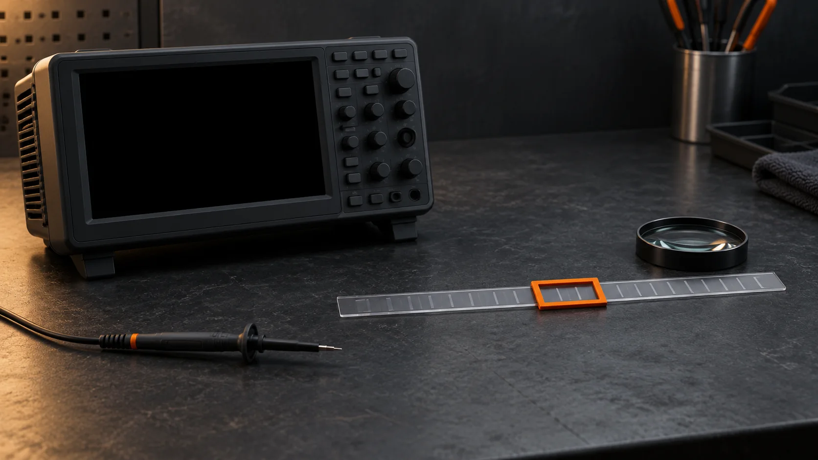 Blank unbranded oscilloscope beside an orange frame on a translucent strip and a magnifying lens.