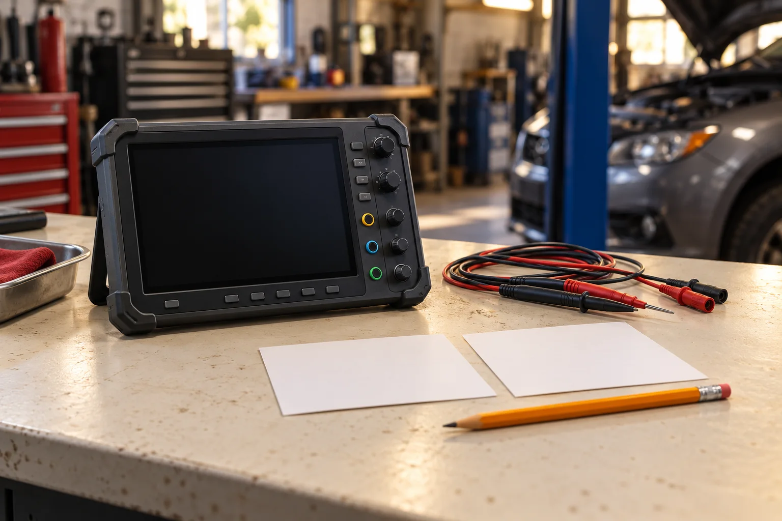 Idle unbranded oscilloscope with a blank dark screen and disconnected leads beside paired observation cards on a workshop bench.
