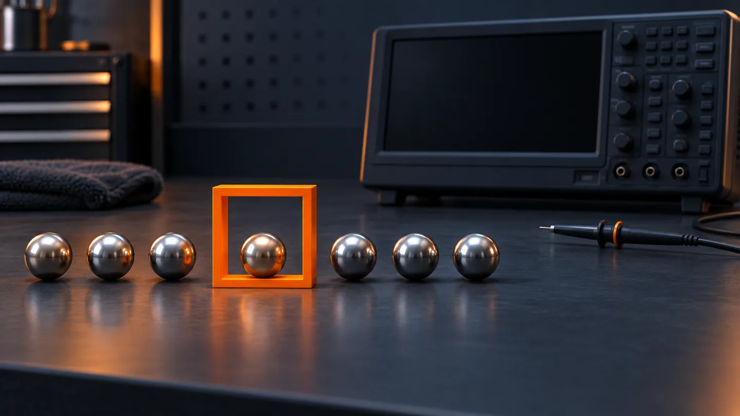 Concept illustration of an unbranded oscilloscope beside an orange frame isolating one metal sphere from a row.