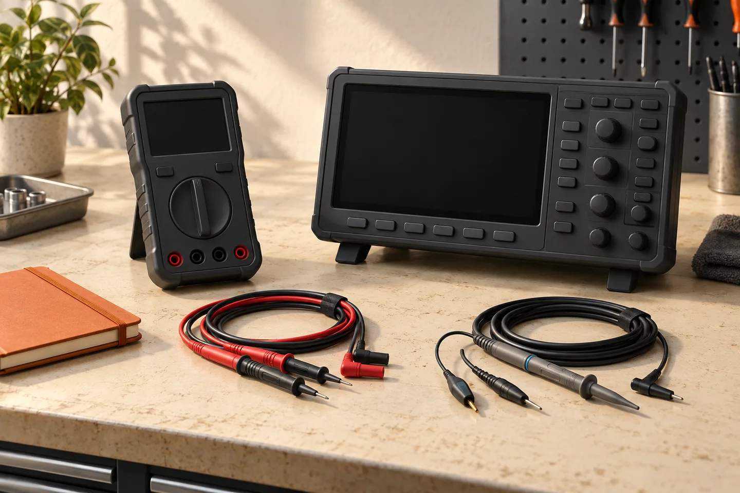 Two unbranded measuring instruments with blank screens and disconnected leads on an ivory workbench