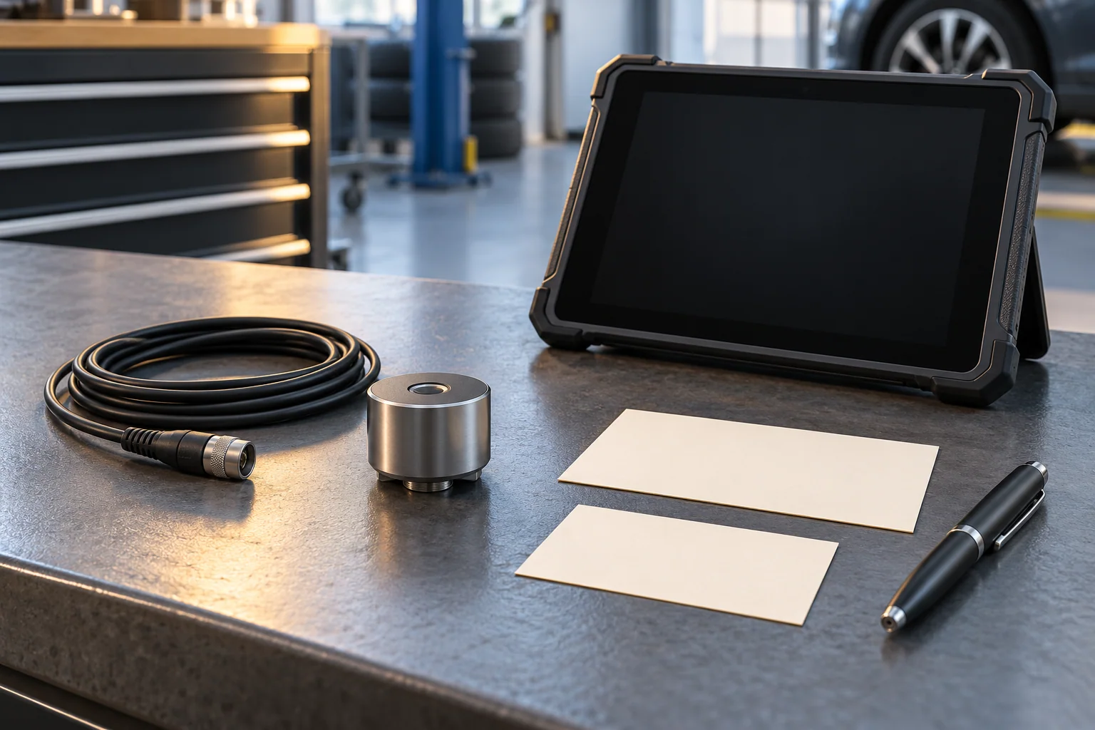 Idle unbranded tablet beside a small disconnected vibration sensor, coiled cable and two blank record cards on a workshop bench.