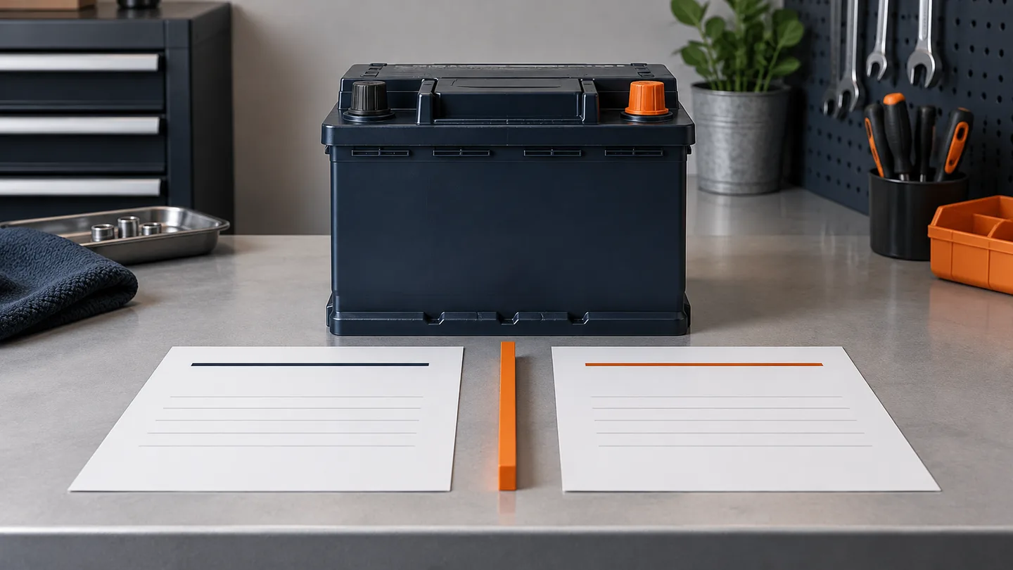 Concept illustration of a closed unbranded vehicle battery with protected terminals beside blank test records
