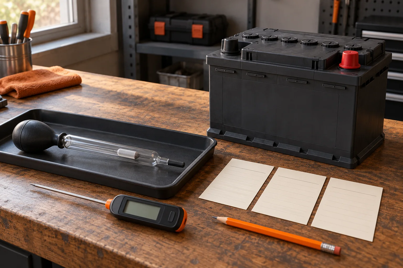 Idle empty battery hydrometer and separate blank thermometer beside a covered disconnected battery and blank per-cell record cards on a workshop bench.