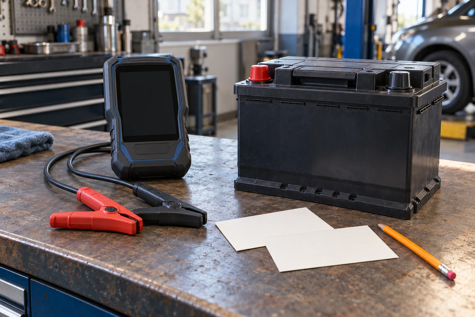Disconnected unbranded battery tester beside a covered-terminal starting battery and separate blank preparation and result cards.