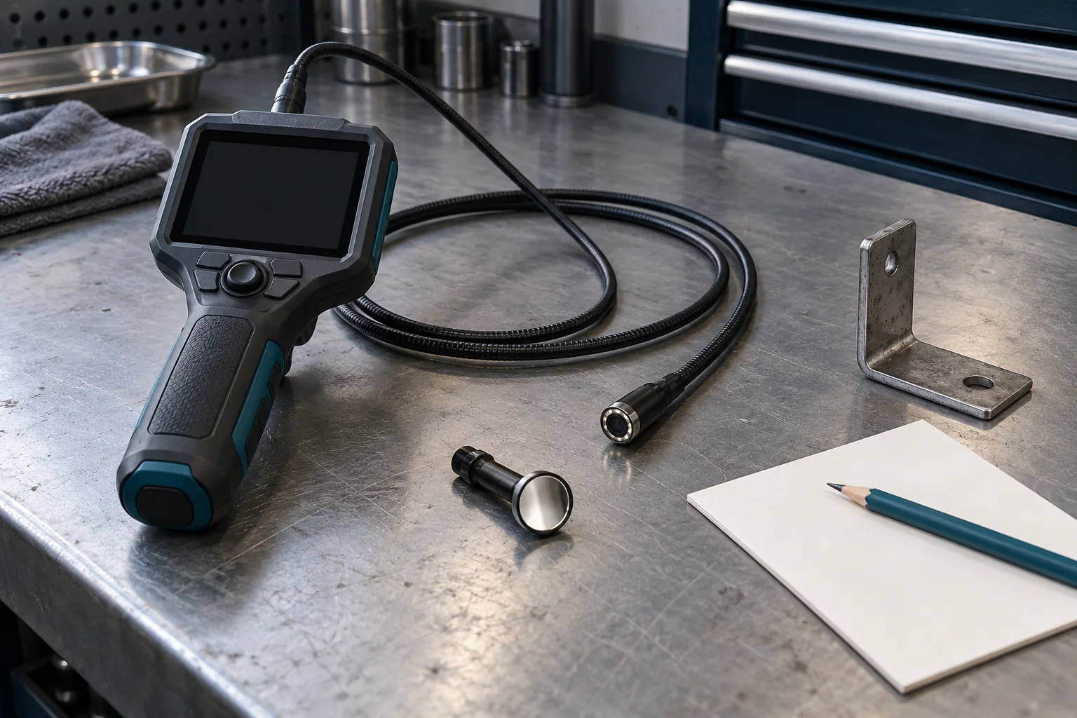 Idle unbranded inspection camera with a blank display, a coiled camera cable, a separate mirror accessory and an asymmetric metal bracket on a bench.