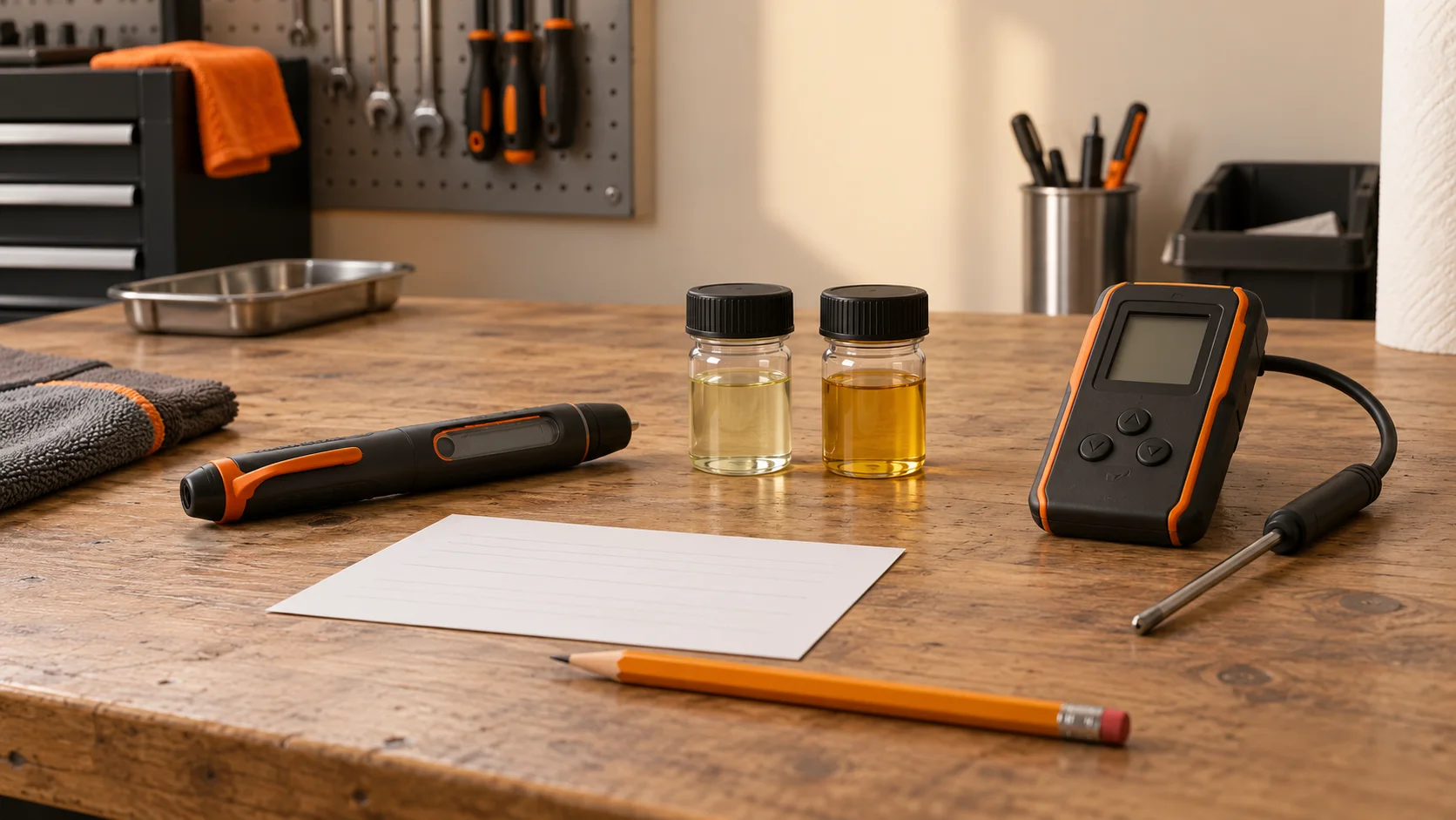 Idle generic pen-shaped tester and separate electronic tester beside capped sample containers and a blank worksheet.