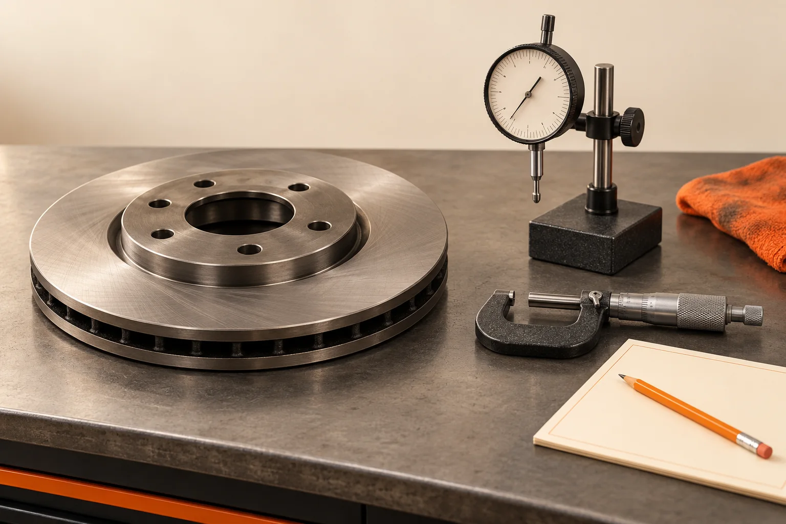 Loose brake rotor beside an idle dial indicator, outside micrometer and blank job card on a workshop bench.