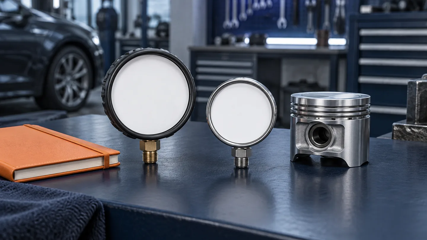 Two disconnected blank gauges with a metal piston sculpture and orange notebook