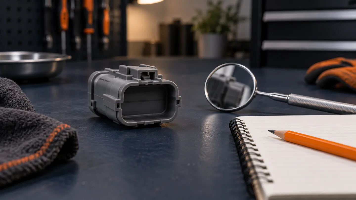 Closed gray connector housing beside an inspection mirror and orange pencil