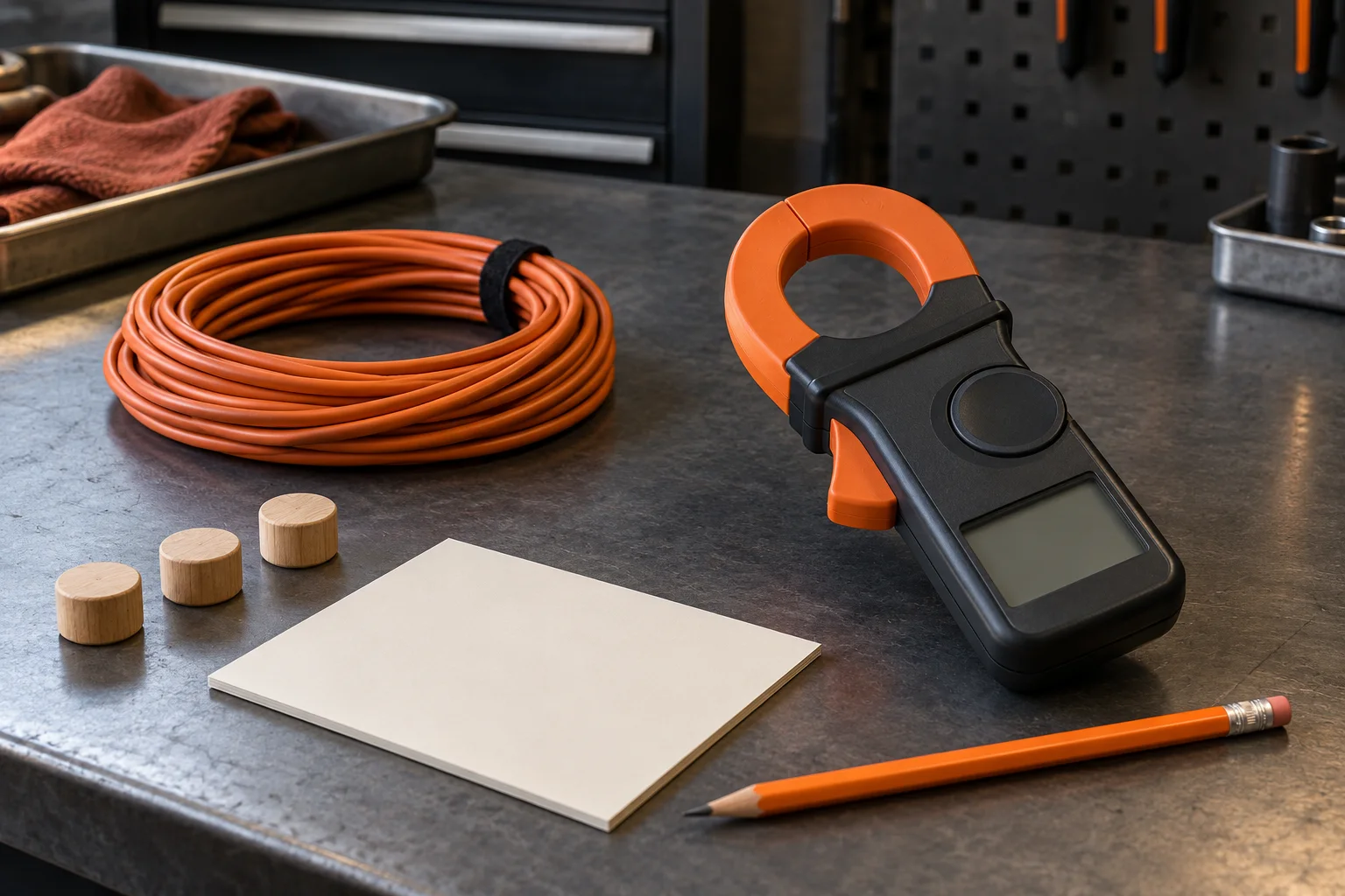 Idle unbranded current clamp beside a separate coil of insulated wire, three plain markers and a blank calculation card on a workshop bench.