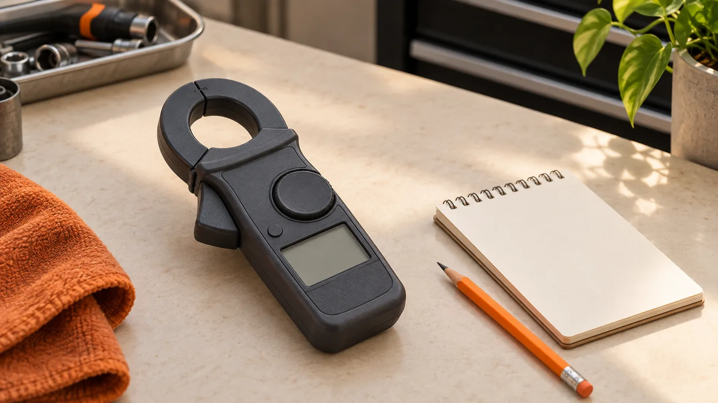 Unbranded current clamp with closed empty jaws and a blank display beside an orange pencil and notebook