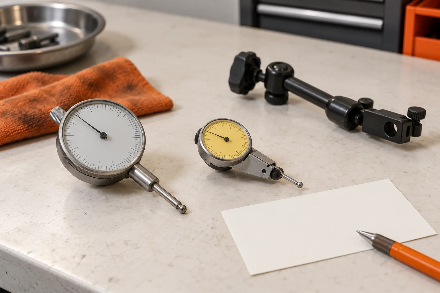 Idle plunger and lever indicators beside a detached mounting arm and blank alignment record card.