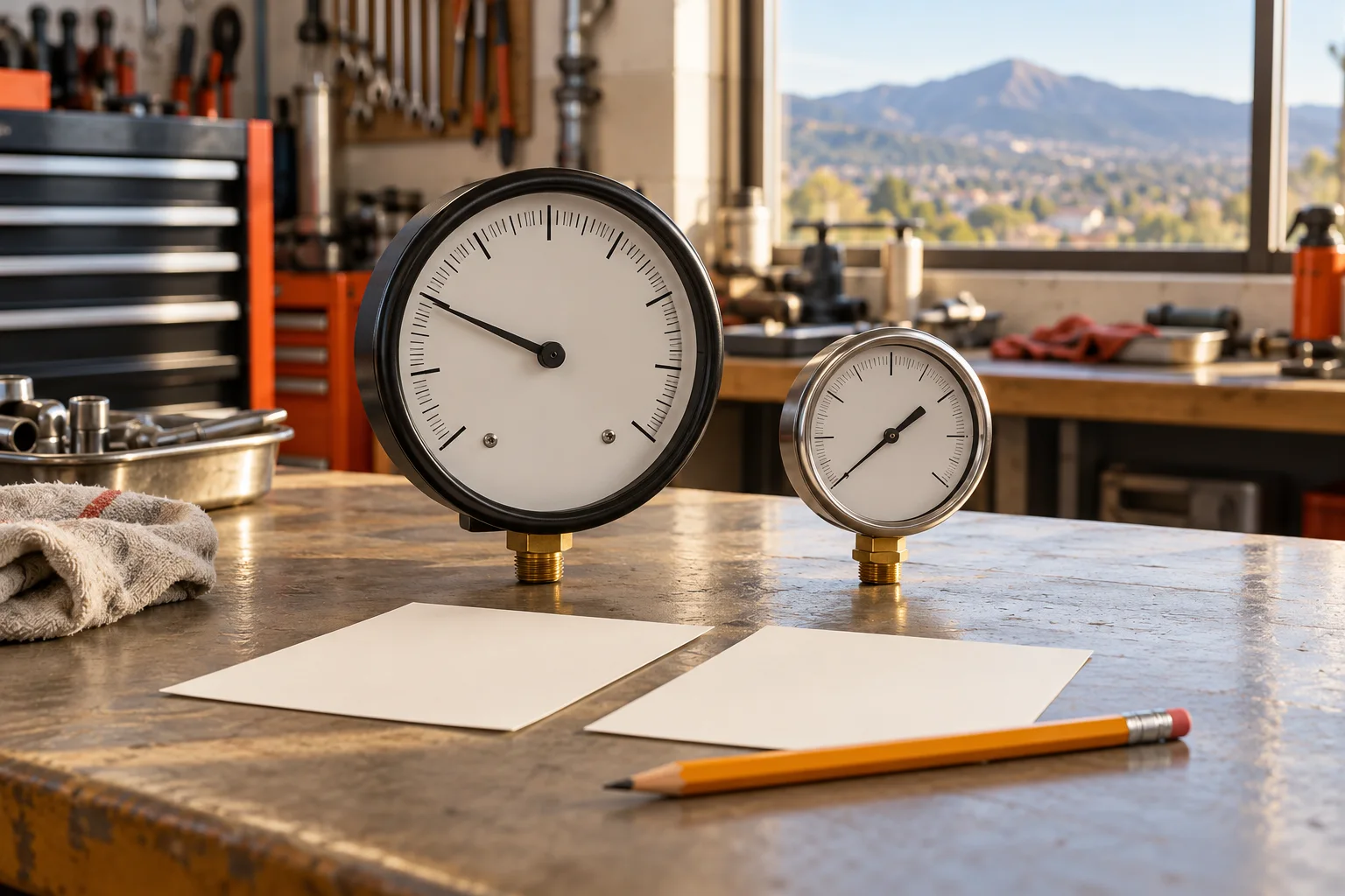 Disconnected unbranded vacuum gauge and separate pressure instrument beside two plain comparison cards on a workshop bench.