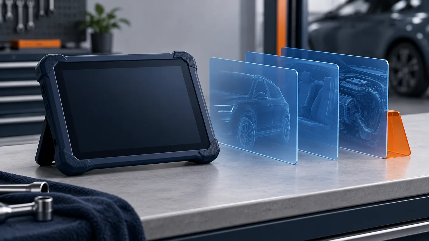 Concept illustration of a blank diagnostic tablet beside translucent panels showing different views of a vehicle