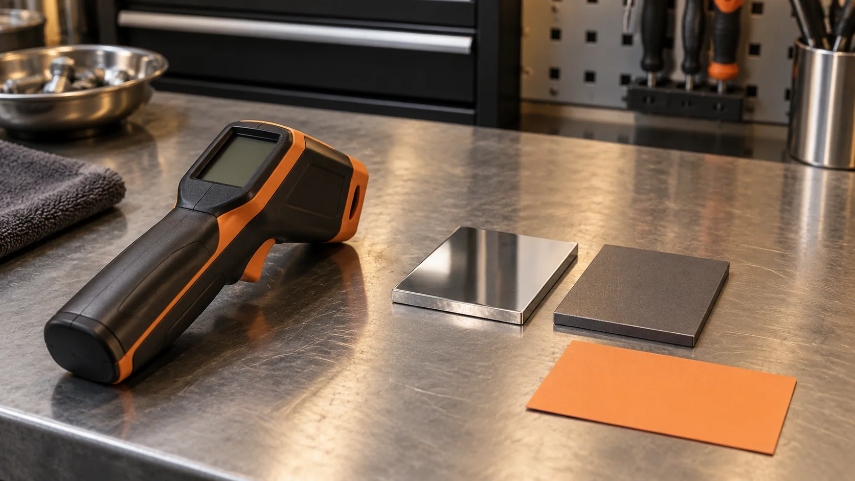 Blank unbranded infrared thermometer beside polished and matte metal sample tiles and an orange card.