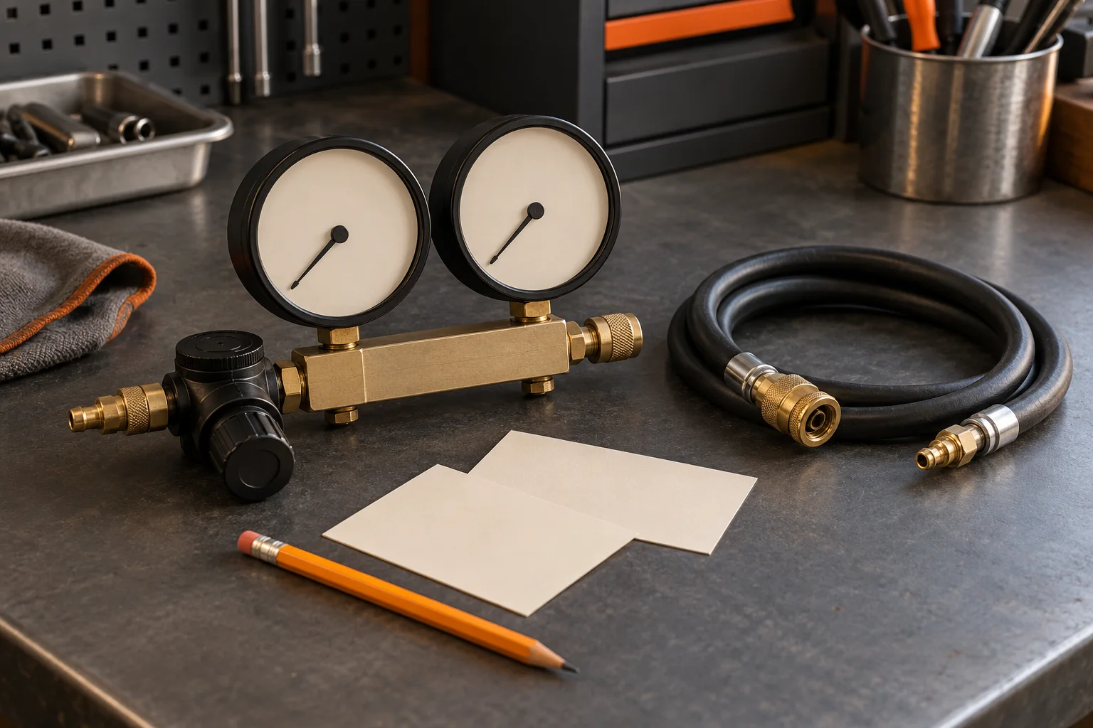 Disconnected unbranded dual-gauge leak-down tester with blank gauge faces, a separate coiled hose and blank reference-check cards on a workshop bench.