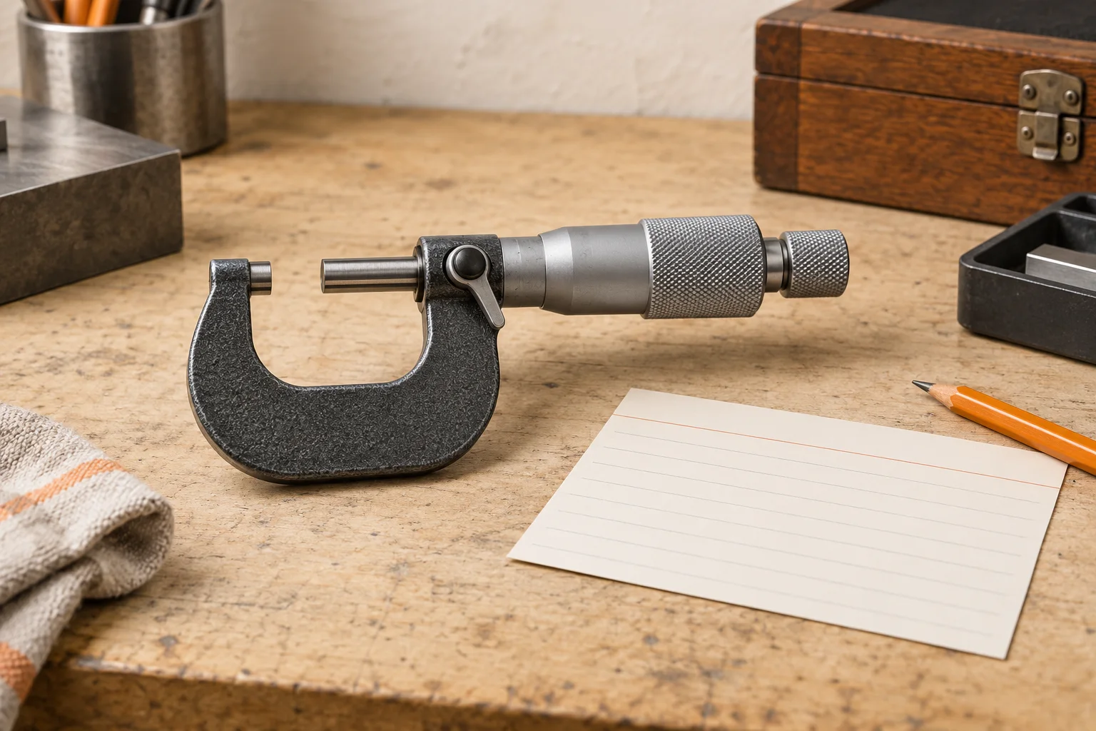 Idle unbranded outside micrometer beside a blank shop handoff card, with no part between the measuring faces.