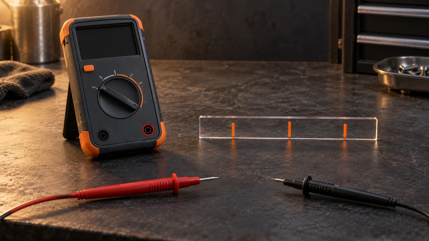 Blank unbranded multimeter beside three orange interval markers and disconnected probes.