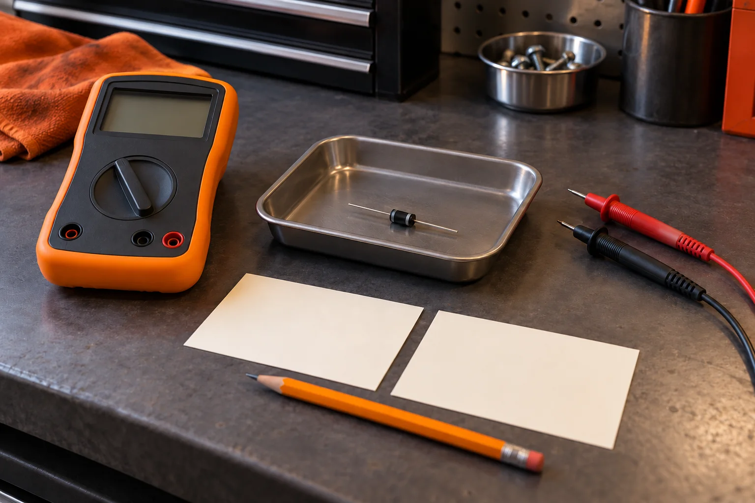 Disconnected unbranded multimeter with a blank display beside a loose axial diode, separate red and black probes and two blank observation cards.