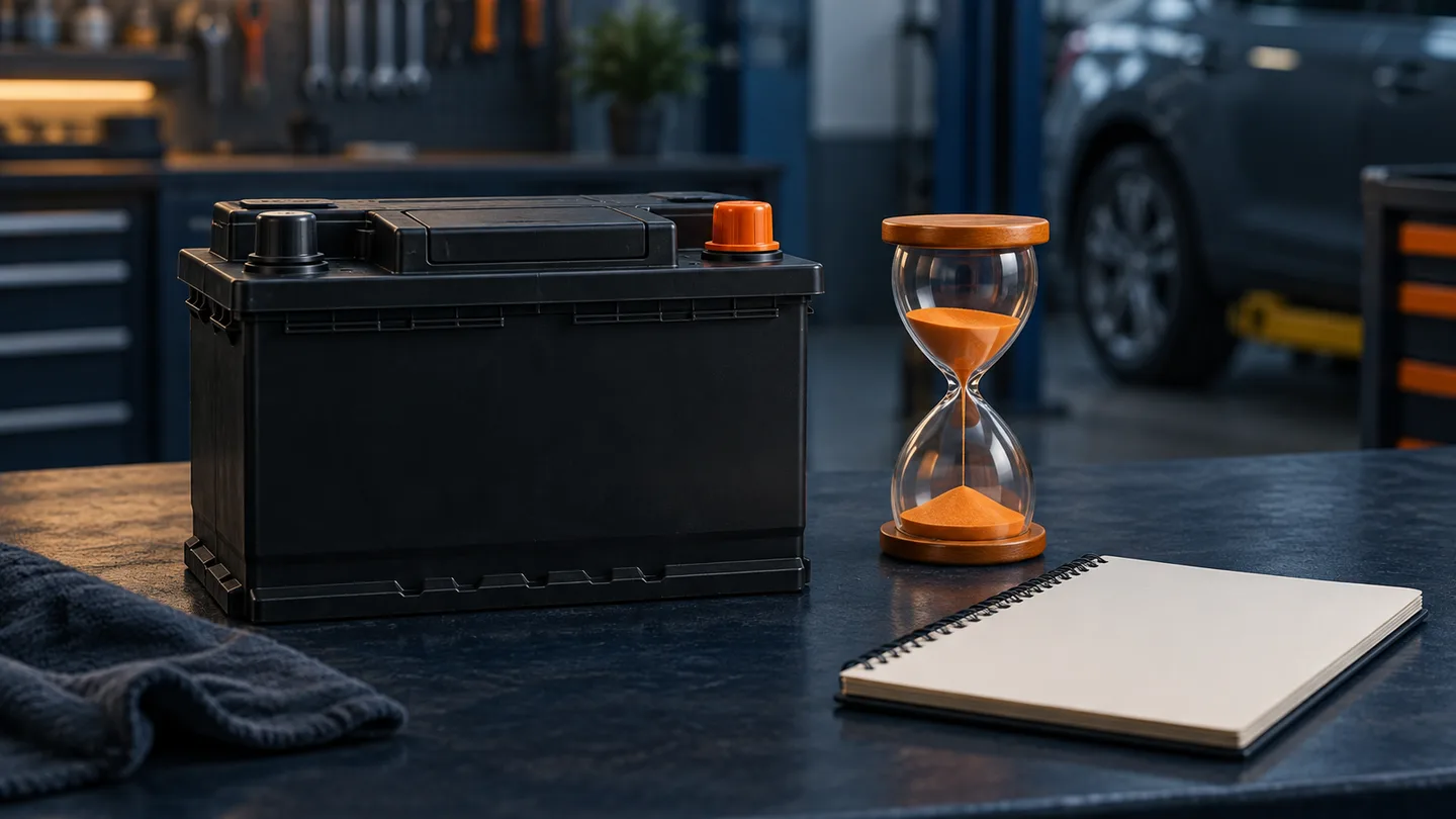 Capped battery, orange hourglass and blank notebook on a workshop bench