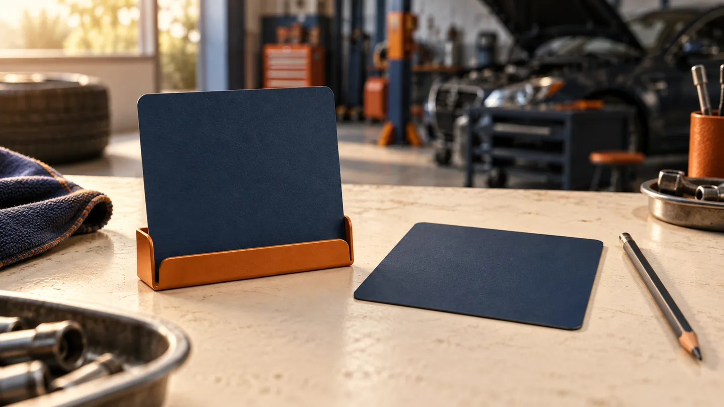 Concept illustration of two blank diagnostic record cards in different positions on a workshop bench