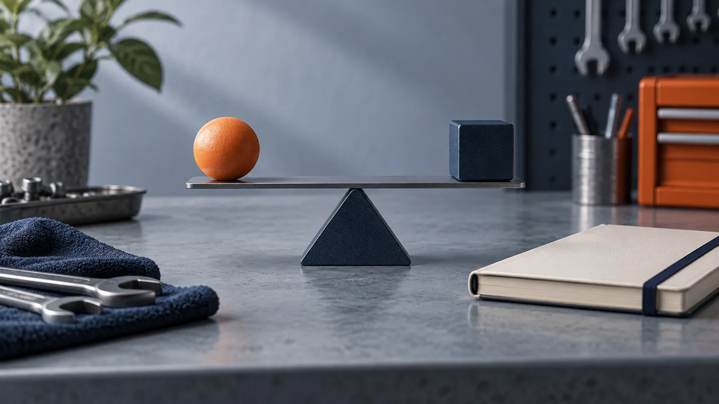 Concept illustration of orange and navy shapes balanced on a workshop bench beside a blank notebook