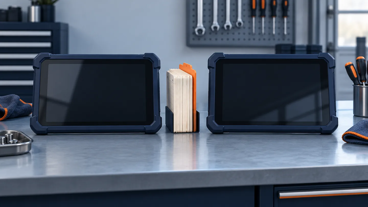 Concept illustration of two blank diagnostic tablets with repair-record cards between them