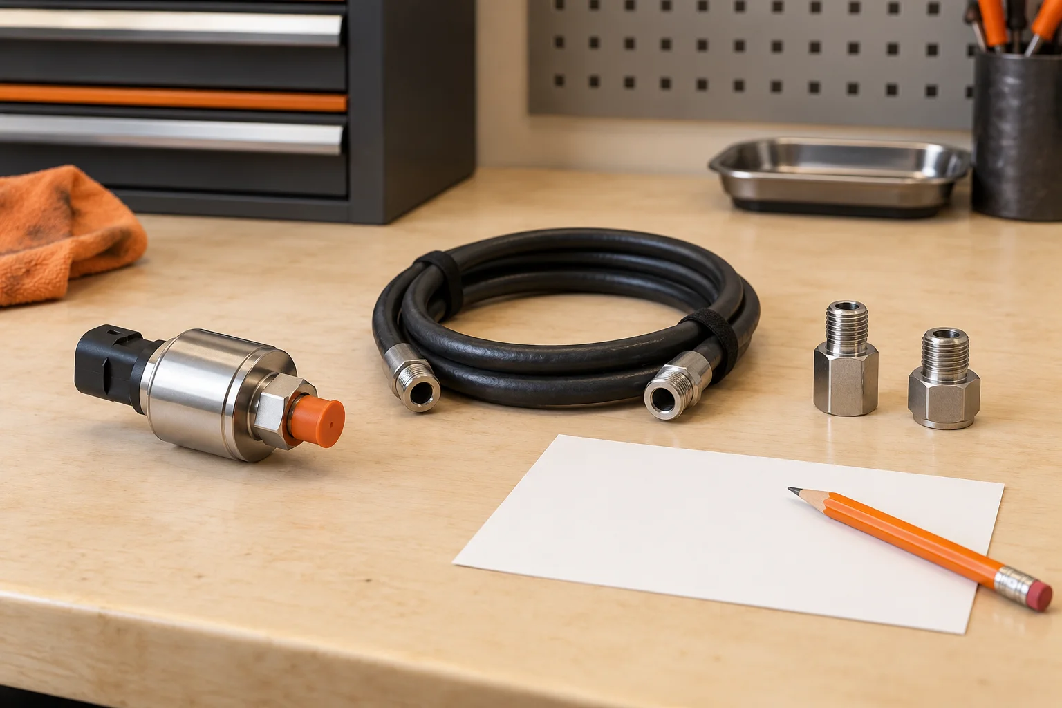 Disconnected unbranded pressure transducer, coiled hose and separate adapters beside a blank setup record card.
