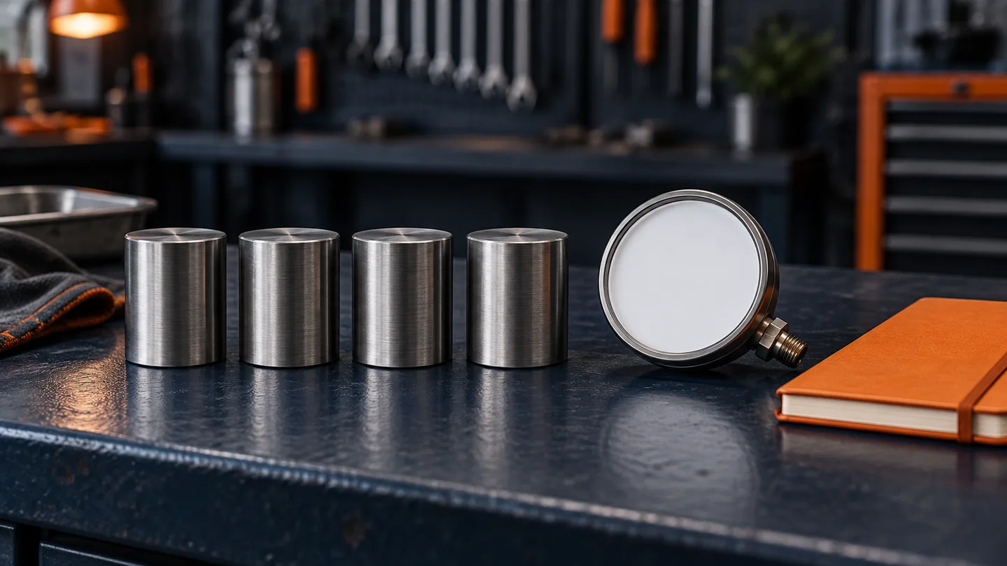 Four equal metal cylinders beside a blank round instrument and orange notebook