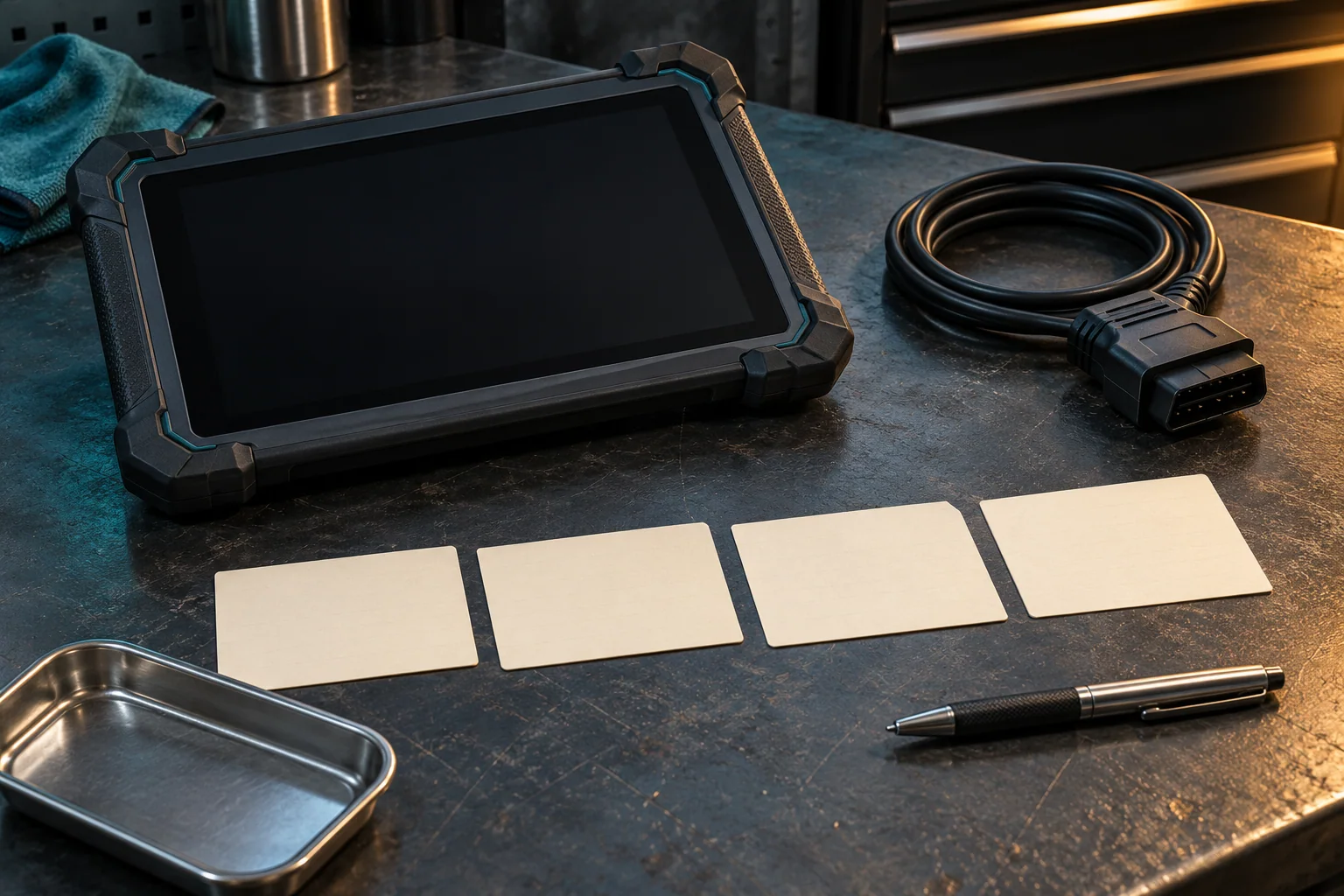 Idle unbranded rugged scan tablet with blank screen beside a disconnected diagnostic cable, four blank index cards, empty tray and capped pen.