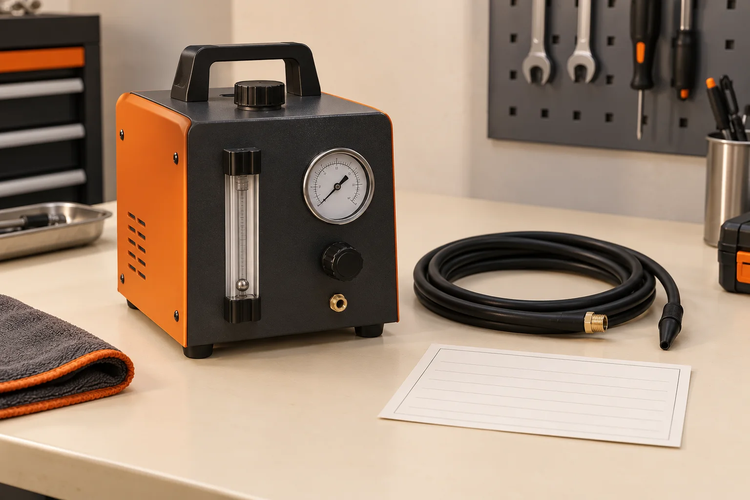 Idle unbranded diagnostic smoke machine with separate hose and blank observation card; no active test or vapor.