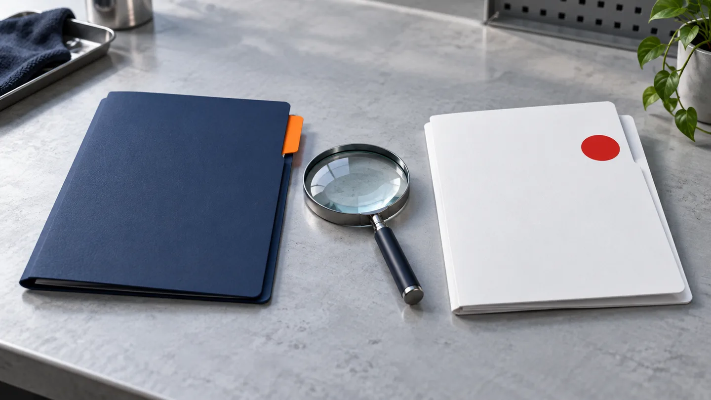 Concept illustration of two separate document folders and a magnifying glass