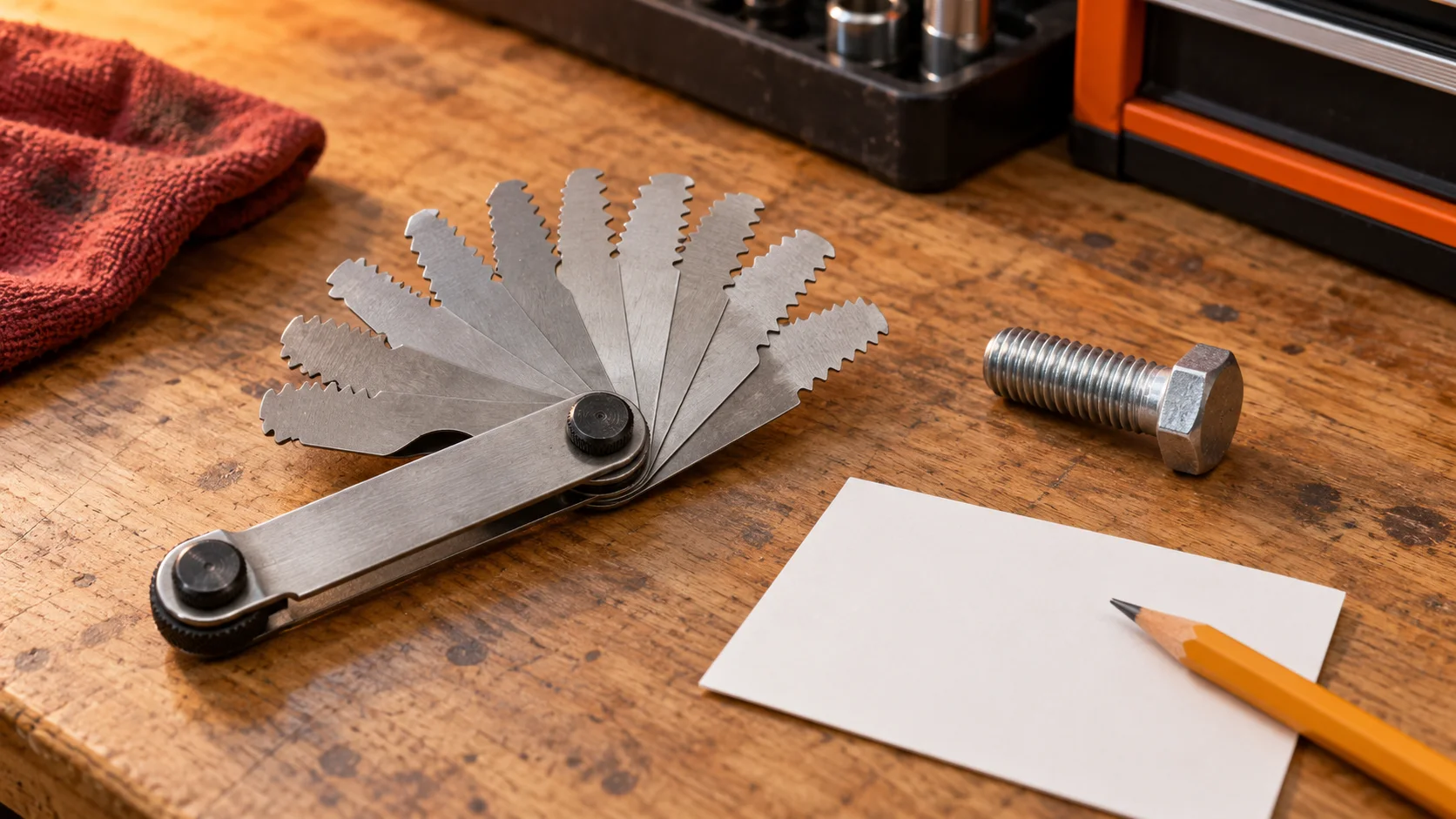 Idle folding thread pitch gauge with open toothed leaves beside a separate bolt and blank identification card.