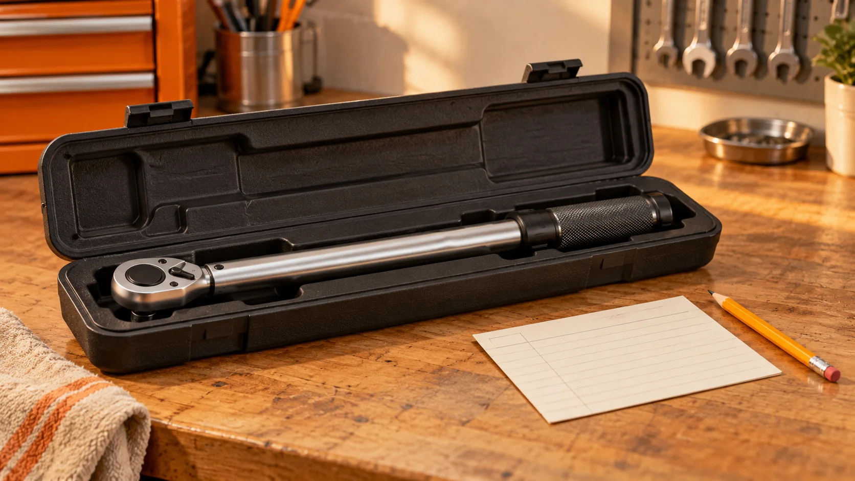 Idle torque wrench in an open protective case beside a blank tool record card.