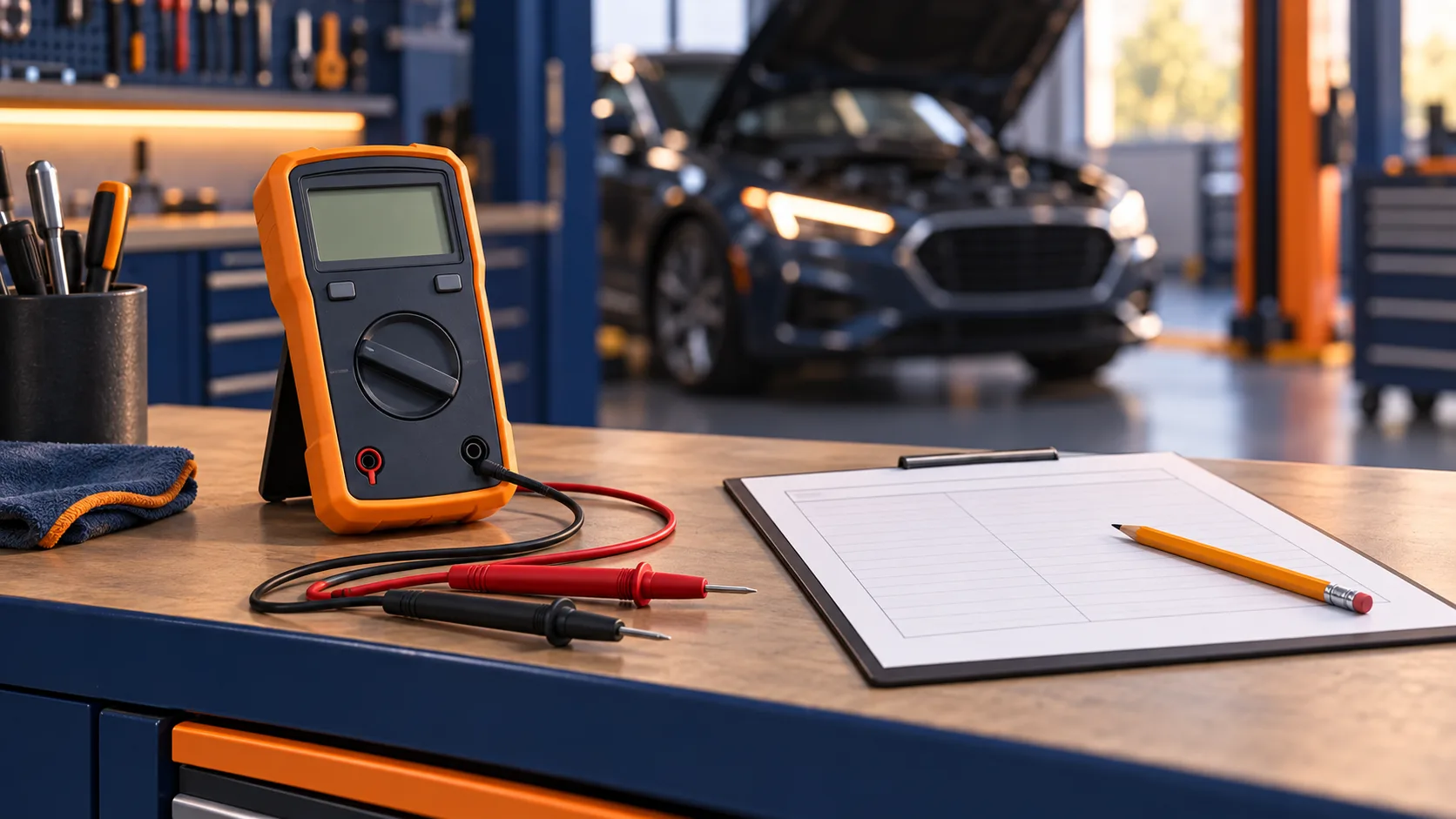 Concept illustration of an unconnected multimeter and measurement worksheet