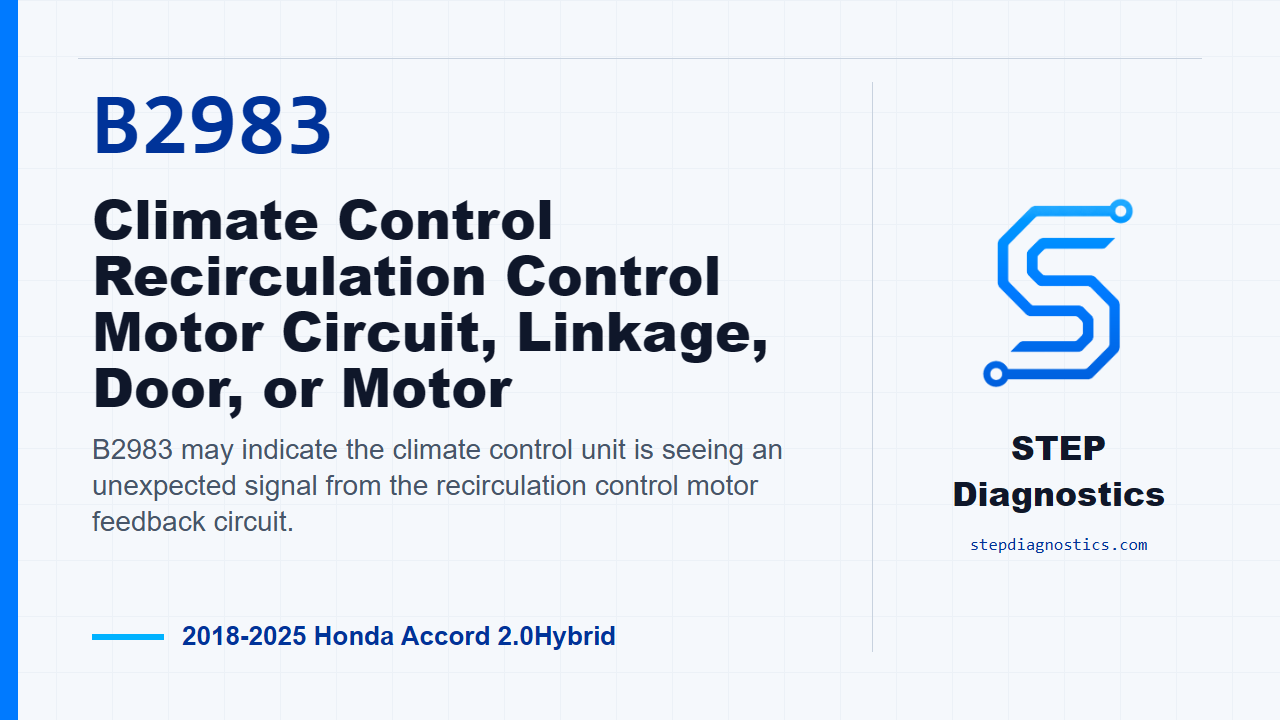 B2983 Climate Control Recirculation Control Motor Circuit, Linkage, Door, or Motor for 2018-2025 Honda Accord 2.0Hybrid