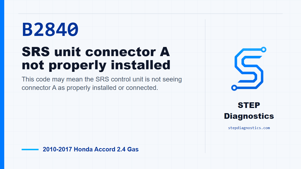 B2840 SRS unit connector A not properly installed for 2010-2017 Honda Accord 2.4 Gas