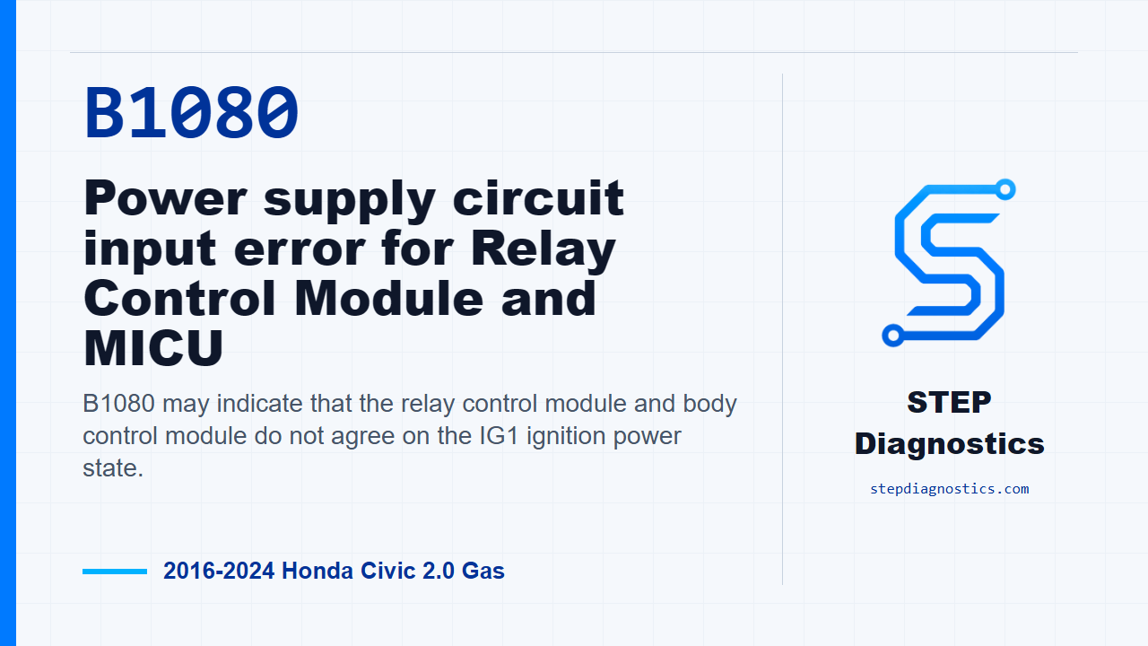 B1080 Power supply circuit input error for Relay Control Module and MICU for 2016-2024 Honda Civic 2.0 Gas